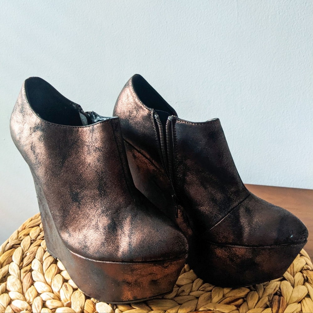 Distressed Bronze Metallic Platform Wedge Bootie